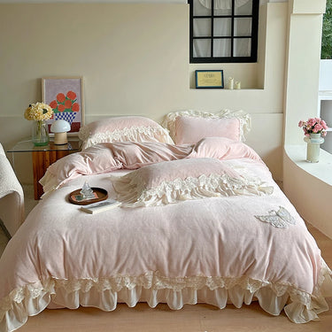 Luxury Pink Butterfly Embroidery European Ruffles Velvet Fleece Bedding Set